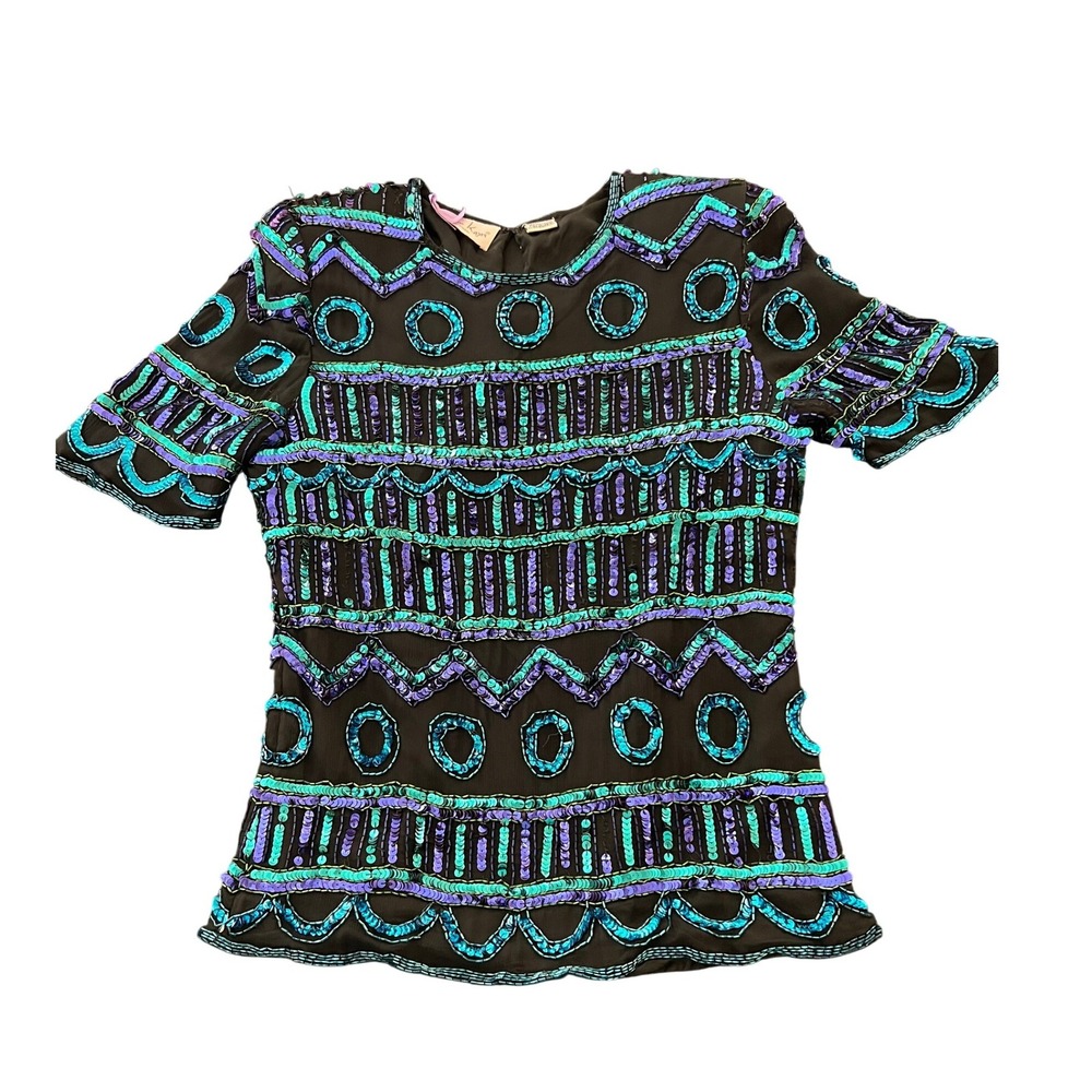 Laurence Kazar Vintage Silk Beaded Sequin Blouse Teal Purple Geometri Top Medium